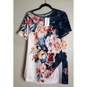 Flycurvy Womens XL Navy Blue Floral Tunic Top Short Sleeve Button Detail New